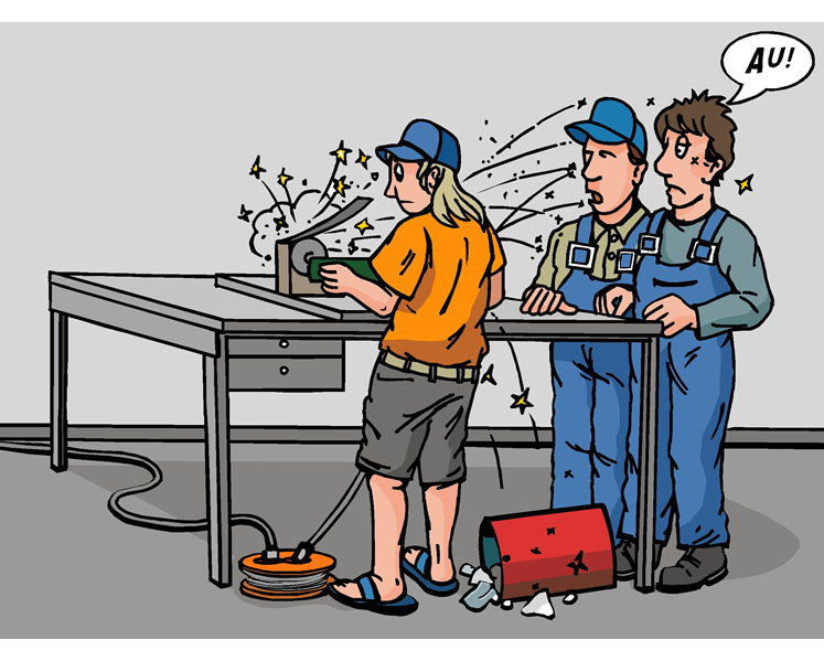 Suchbild: Figur Nils ohne persönliche Schutzausrüstung arbeitet mit einem Winkelschleifer in der Metallwerkstatt und die Funken fliegen
